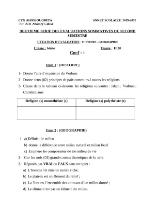 Première page de Histoire-Géographie 6e — 2e évaluation sommative, 2e semestre (2019-2020) · CEG Ahossougbéta
