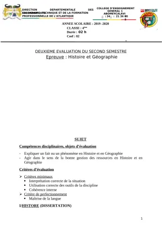 Première page de Histoire-Géographie 4e, 4e ML — 2e semestre (2019-2020) · CEG1 Abomey-Calavi