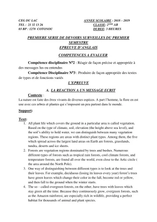 Première page de Anglais 2nde A, 2nde B — 1er devoir surveillé, 1er semestre (2018-2019) · CEG du Lac