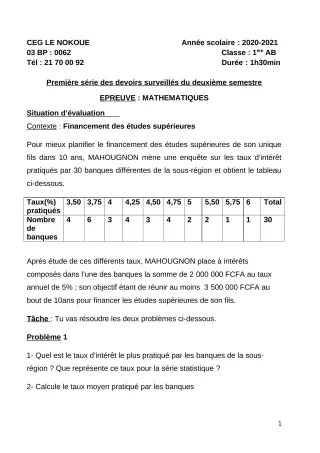 Première page de Mathématiques 1ère A1, 1ère A2, 1ère B — 1er devoir surveillé, 2e semestre (2020-2021) · CEG LE NOKOUE