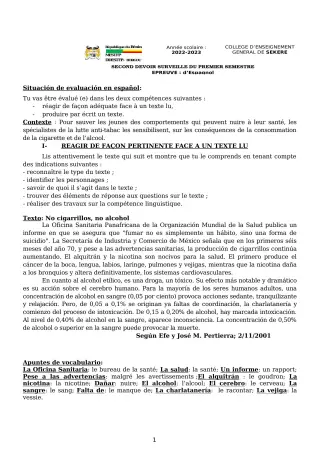 Première page de Espagnol 3e — 2e devoir surveillé, 1er semestre (2022-2023) · CEG SEKERE