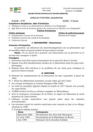 Première page de Histoire-Géographie 1ère D — 2e devoir surveillé, 2e semestre (2021-2022) · CEG SEKERE