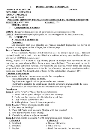 Première page de Anglais 5e — Évaluation sommative, 1er trimestre (2019-2020) · CPEG ENFANT PRODIGE