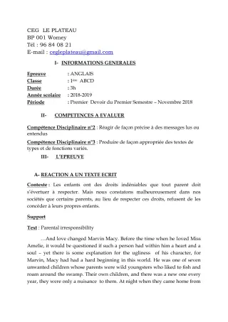 Première page de Anglais 1ère B — 1er devoir surveillé, 1er semestre (2018-2019) · CEG Le Plateau