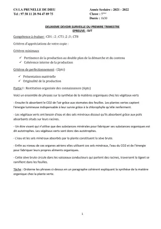 Première page de SVT 5e — 2e devoir surveillé (2021-2022) · CEPG La Prunelle de Dieu