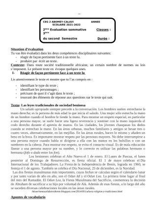 Première page de Espagnol 3e — 2e évaluation sommative, 2e semestre (2021-2022) · CEG2 ABOMEY - CALAVI (CEG ZOCA)