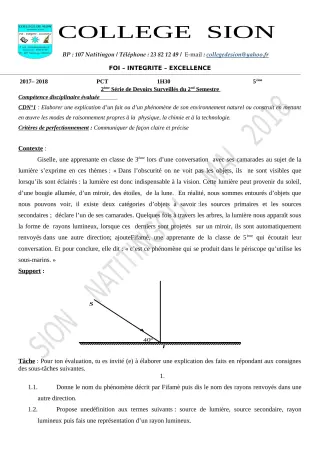 Première page de PCT 5e — 2e devoir surveillé, 2e semestre (2019-2020) · CEG PRIVE SION DES AD