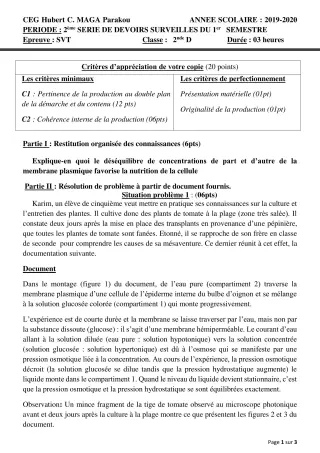 Première page de SVT 2nde D — 2e devoir surveillé, 1er semestre (2019-2020) · CEG Hubert C. MAGA