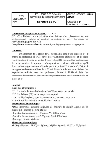 Première page de PCT 5e — 1er devoir surveillé, 2e semestre (2018-2019) · CEG Lobozounkpa