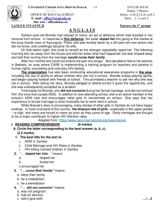 Première page de Épreuve BAC 2021 anglais l1-l2-l1b-l2- la 1er groupe, dakar sénégal