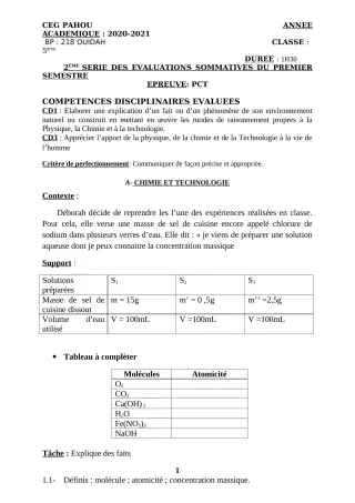 Première page de PCT 5e — 2e évaluation sommative, 1er semestre (2020-2021) · CEG PAHOU
