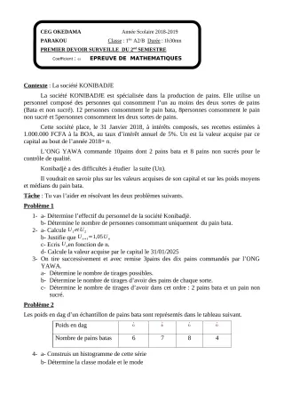 Première page de Mathématiques 1ère A1, 1ère A2, 1ère B — 1er devoir surveillé, 2e semestre (2018-2019) · CEG OKEDAMA