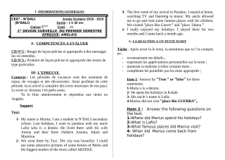 Première page de Anglais 5e, 4e — 1er devoir surveillé, 1er semestre (2018-2019) · CEG 2 N'DALI