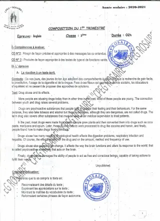 Première page de Anglais 3e, 3e ML — Composition, 1er trimestre (2020-2021) · CPEG ROSAIRE