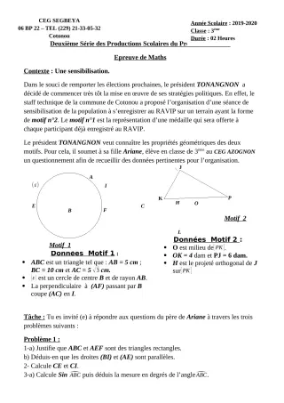 Première page de Mathématiques 3e — 2e production scolaire, 1er semestre (2019-2020) · CEG SEGBEYA