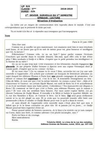 Première page de Français 5e — 1er devoir surveillé, 1er semestre (2018-2019) · LJF-B/A