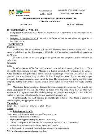 Première page de Anglais 4e — 1er devoir surveillé, 1er semestre (2021-2022) · CEG SEKERE