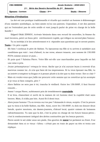 Première page de Français 3e, 3e ML — 1er devoir surveillé (2020-2021) · CEG SEKERE