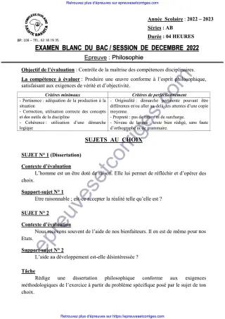 Première page de Bac 2026 – Philosophie Série AB, Bac blanc décembre 2025 (raison, aide au développement, instinct et intelligence)