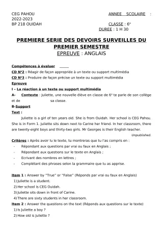 Première page de Anglais 6e — 1er devoir surveillé, 1er semestre (2022-2023) · CEG PAHOU