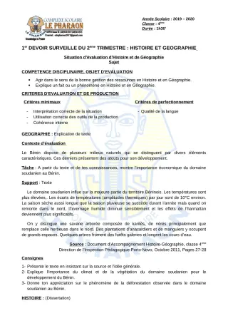 Première page de Histoire-Géographie 4e, 4e ML — 1er devoir surveillé, 2e trimestre (2019-2020) · CPEG LE PHARAON