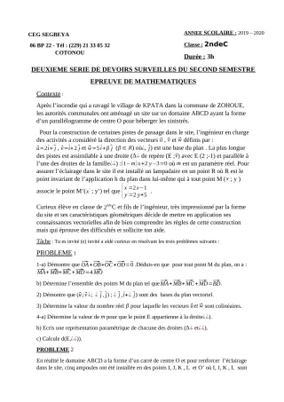 Première page de Mathématiques 2nde C — 2e devoir surveillé, 2e semestre (2019-2020) · CEG SEGBEYA