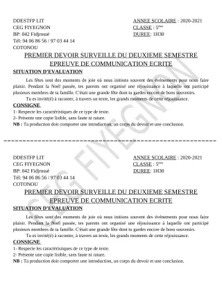 Première page de Français 5e — 1er devoir surveillé, 2e semestre (2020-2021) · CEG FIYEGNON