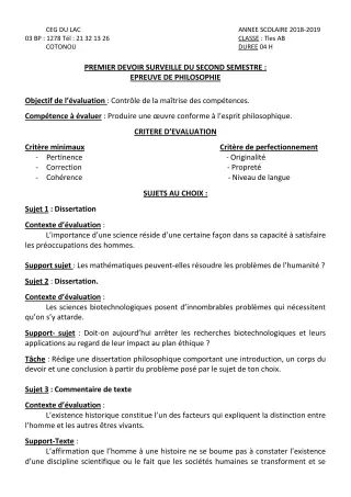 Première page de Philosophie 1ère C, 1ère D — 1er devoir surveillé, 2e semestre (2018-2019) · CEG du Lac