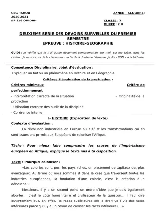 Première page de Histoire-Géographie 3e, 3e ML — 2e devoir surveillé, 1er semestre (2020-2021) · CEG PAHOU