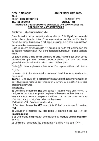Première page de Mathématiques Tle C — 1er devoir surveillé, 2e semestre (2020-2021) · CEG LE NOKOUE