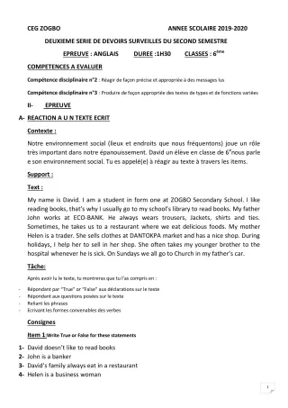 Première page de Anglais 6e — 2e devoir surveillé, 2e semestre (2019-2020) · CEG ZOGBO