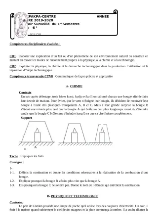 Première page de PCT 6e — 2e devoir surveillé, 1er semestre (2019-2020) · CEG 1 Akpakpa-Centre