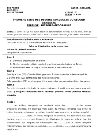 Première page de Histoire-Géographie 5e — 1er devoir surveillé, 2e semestre (2020-2021) · CEG PAHOU
