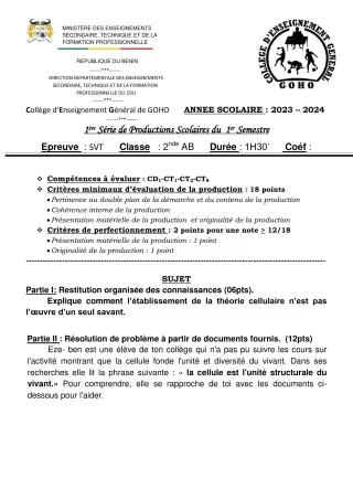 Première page de SVT 2nde A & B — 1re production scolaire, 1er semestre (2023-2024) · CEG GOHO