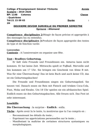 Première page de Allemand 4e ML — 2e devoir surveillé, 1er semestre (2019-2020) · CEG L'Entente