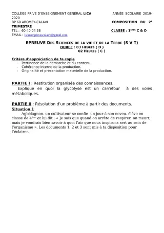 Première page de SVT 1ère C, 1ère D — Composition, 1er trimestre (2019-2020) · CPEG LICA