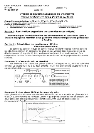 Première page de SVT Tle D — Devoir surveillé (2019-2020) · CEG3 OUIDAH