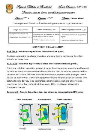 Première page de SVT 2nde A — 2e devoir surveillé, 1er semestre (2019-2020) · PMB
