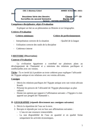 Première page de Histoire-Géographie 2nde C — 2e devoir surveillé, 2e semestre (2021-2022) · CEG2 ABOMEY - CALAVI (CEG ZOCA)