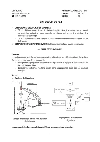 Première page de PCT Tle C, Tle D — 1er devoir surveillé (2019-2020) · CEG ZOGBO