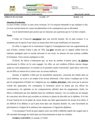Première page de Français 3e, 3e ML — 1re production scolaire, 1er semestre (2019-2020) · CEG1 Adjarra