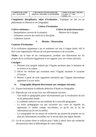 Première page de Histoire-Géographie 2nde C, 2nde D — 1er devoir surveillé, 2e semestre (2020-2021) · CEG 1 Agatogbo