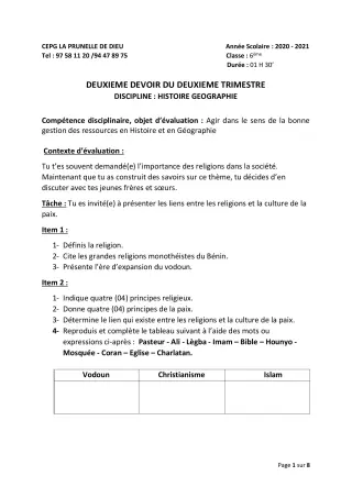 Première page de Histoire-Géographie 6e, 5e, 4e, 3e, 3e ML, 2nde B, 2nde D — 2e devoir surveillé, 2e trimestre (2020-2021) · CEPG La Prunelle de Dieu