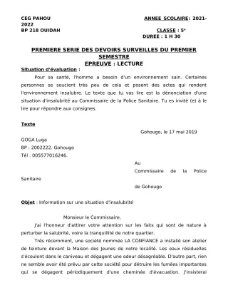Première page de Français 5e — 1er devoir surveillé, 1er semestre (2021-2022) · CEG PAHOU