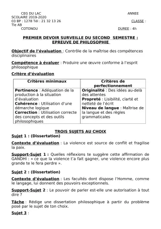 Première page de Philosophie Tle A2, Tle B — 1er devoir surveillé, 2e semestre (2019-2020) · CEG du Lac