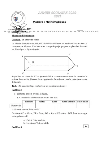 Première page de Mathématiques 5e — 1re évaluation sommative, 1er trimestre (2021-2022) · CPEG SAINTE MIREILLE