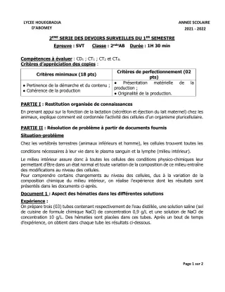 Première page de SVT 2nde A & B — 2e devoir surveillé, 1er semestre (2021-2022) · Lycée Houegbadja d'Abomey (Ex Mafory Bangoura)