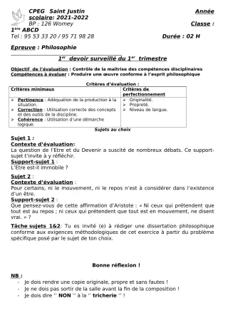 Première page de Philosophie 2nde A2, 2nde B, 2nde C, 2nde D, 1ère A2, 1ère B, 1ère C, 1ère D, Tle A2, Tle B, Tle C, Tle D — 1er devoir surveillé, 1er trimestre (2021-2022) · CPEG SAINT Justin