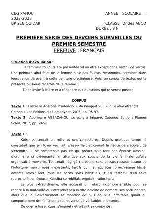 Première page de Français 2nde A2, 2nde B, 2nde C, 2nde D — 1er devoir surveillé, 1er semestre (2022-2023) · CEG PAHOU