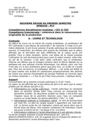 Première page de PCT Tle C — 2e devoir surveillé, 1er semestre (2019-2020) · CEG du Lac